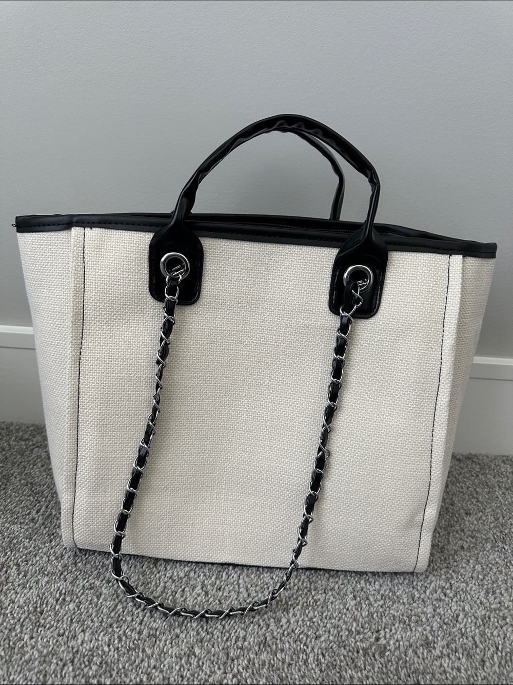 Commense NEW Canvas Tote Bag with Black Trim and Chain Handles - Ivory/Black